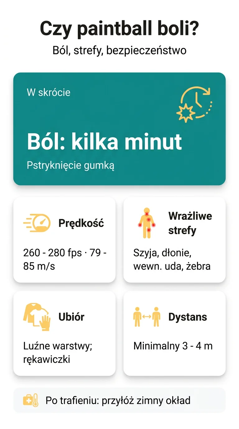 Infografika: Czy paintball boli? Ból po trafieniu, strefy ciała, siniaki i zasady bezpieczeństwa