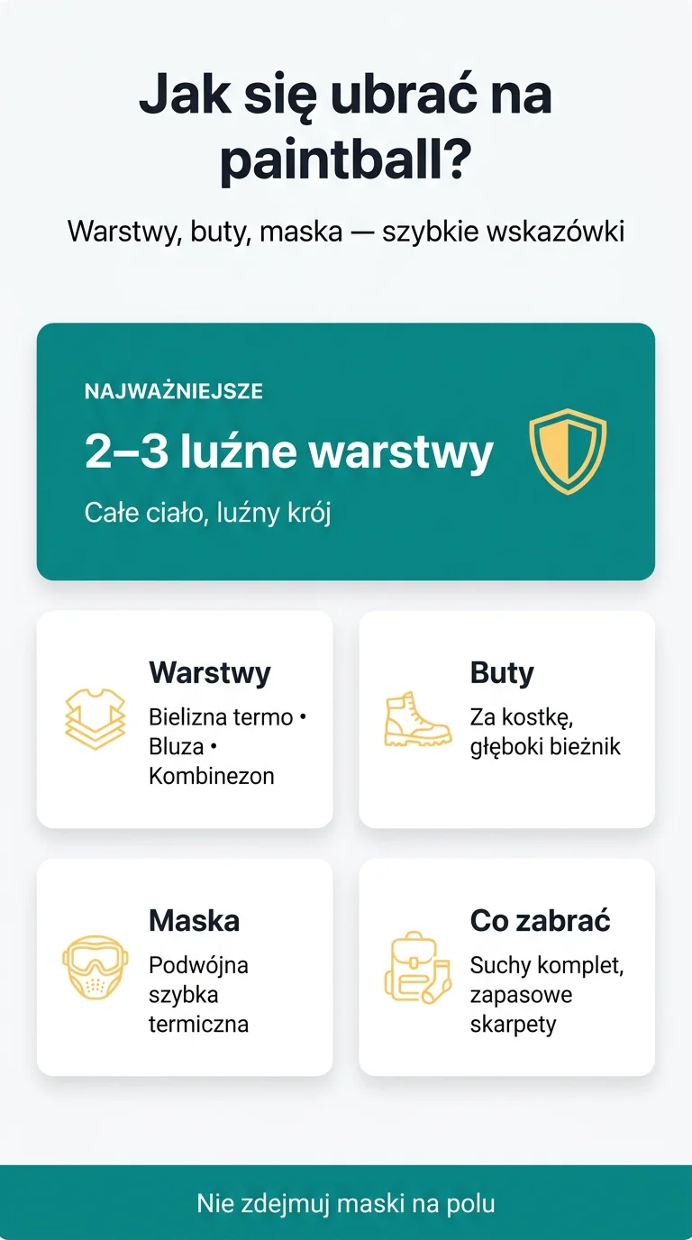 Infografika: Jak się ubrać na paintball? Warstwy odzieży, bezpieczne buty i ochrona maski przed parowaniem