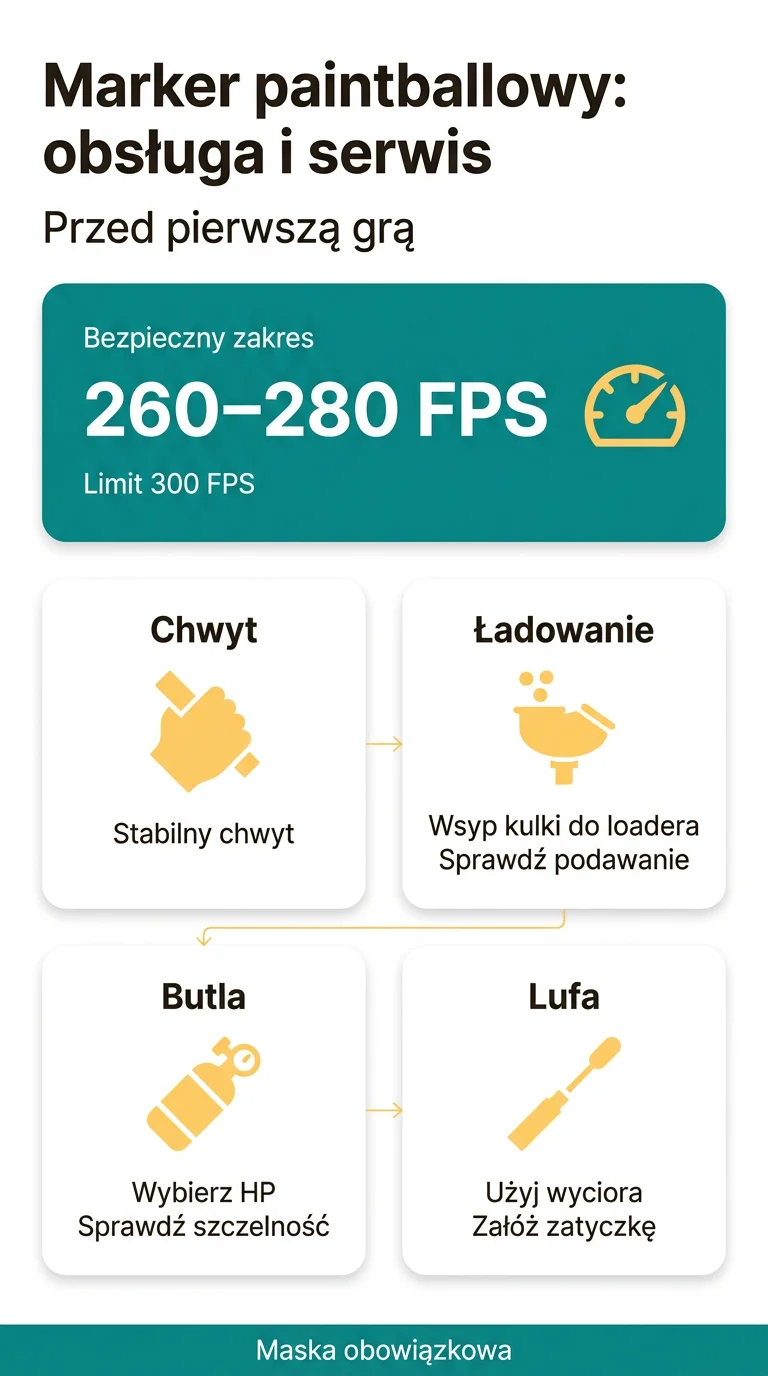 Infografika: Marker paintballowy – obsługa i serwis krok po kroku: chwyt, ładowanie, gaz i pęknięta kulka