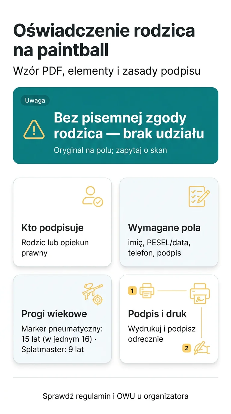 Infografika: Oświadczenie rodzica na paintball PDF: wzór, elementy i zasady podpisu
